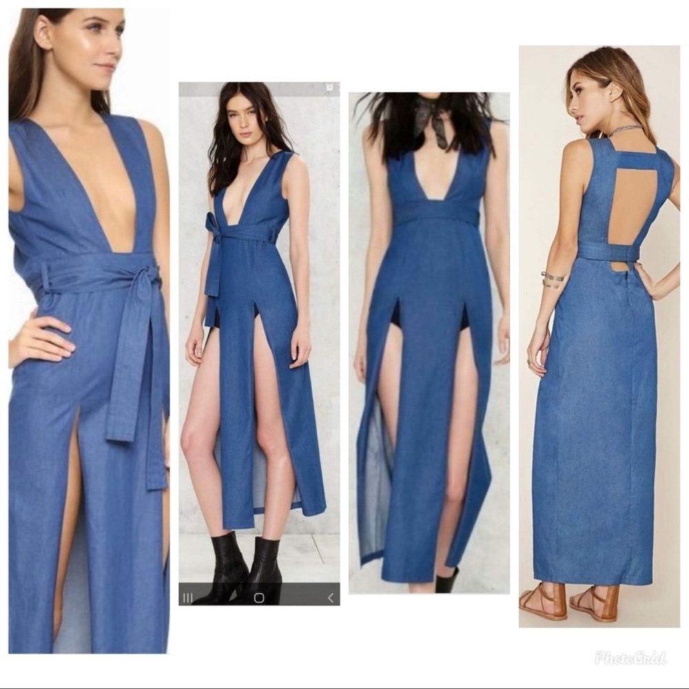 Nasty Gal Nightwalker denim maxi slit dress xs